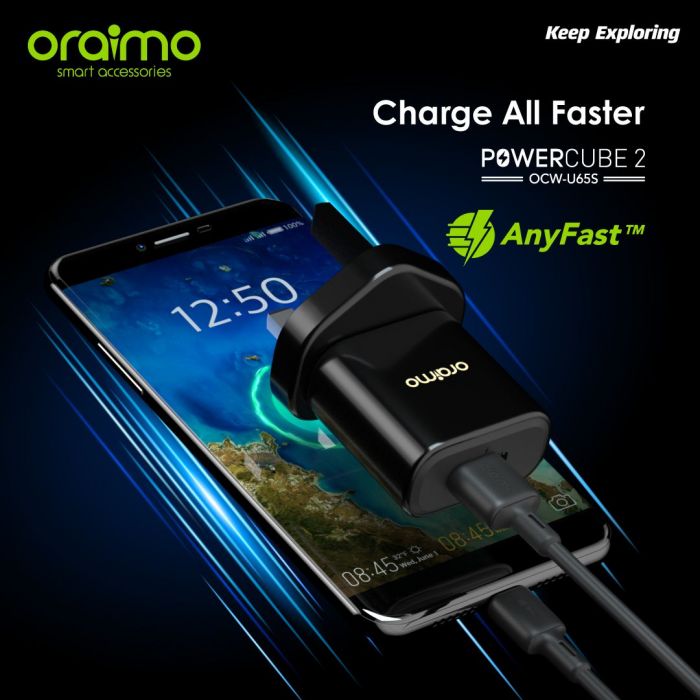 oraimo Powercube 2 2A Fast Charging UK Type Charger with free fast type-c charge cable